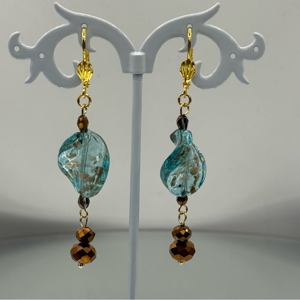 Glass & Crystal, Blue & Gold Dangle Earrings